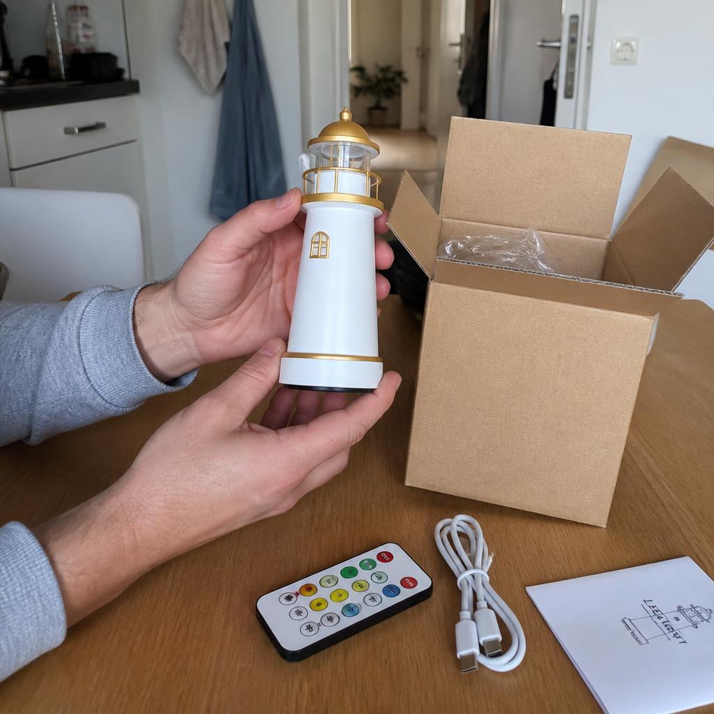 Die ausgepackte Leuchtturm-Lampe mit Fernbedienung und USB-C-Kabel auf einem Holztisch